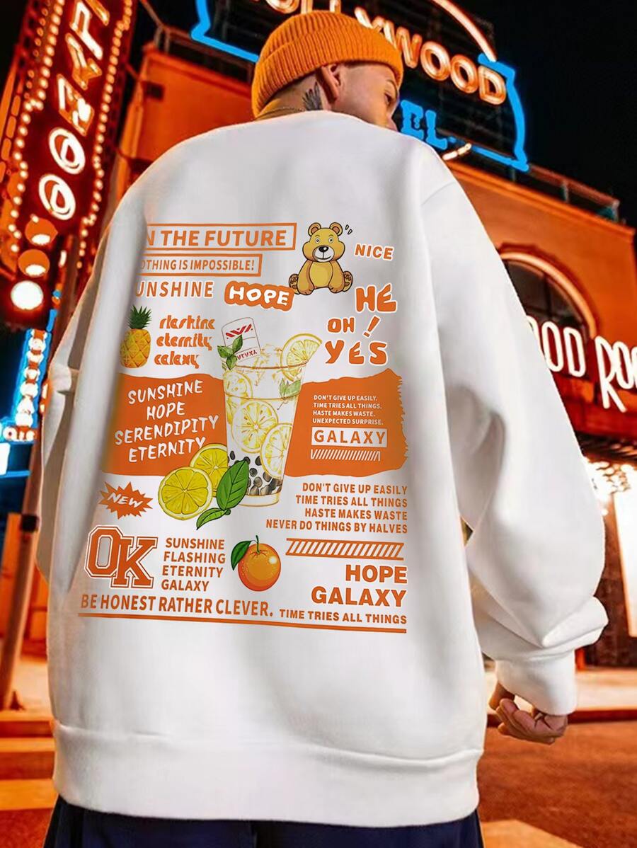 Manfinity Men Cartoon & Slogan Graphic Drop Shoulder Sweatshirt - White - View 1