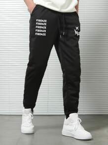 Manfinity Men Cartoon And Slogan Graphic Drawstring Waist Joggers - Black - View 3