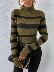 SHEIN LUNE Striped Pattern Turtleneck Drop Shoulder Jumper - Army Green - View 1