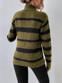 SHEIN LUNE Striped Pattern Turtleneck Drop Shoulder Jumper - Army Green - View 2