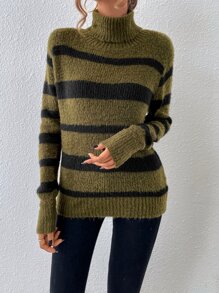 SHEIN LUNE Striped Pattern Turtleneck Drop Shoulder Jumper - Army Green - View 3