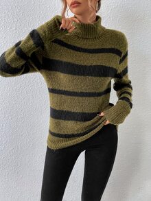 SHEIN LUNE Striped Pattern Turtleneck Drop Shoulder Jumper - Army Green - View 5