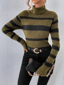 SHEIN LUNE Striped Pattern Turtleneck Drop Shoulder Jumper - Army Green - View 6