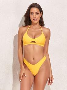 Cut-Out Halter Bikini Set Summer Beach - Yellow - View 3