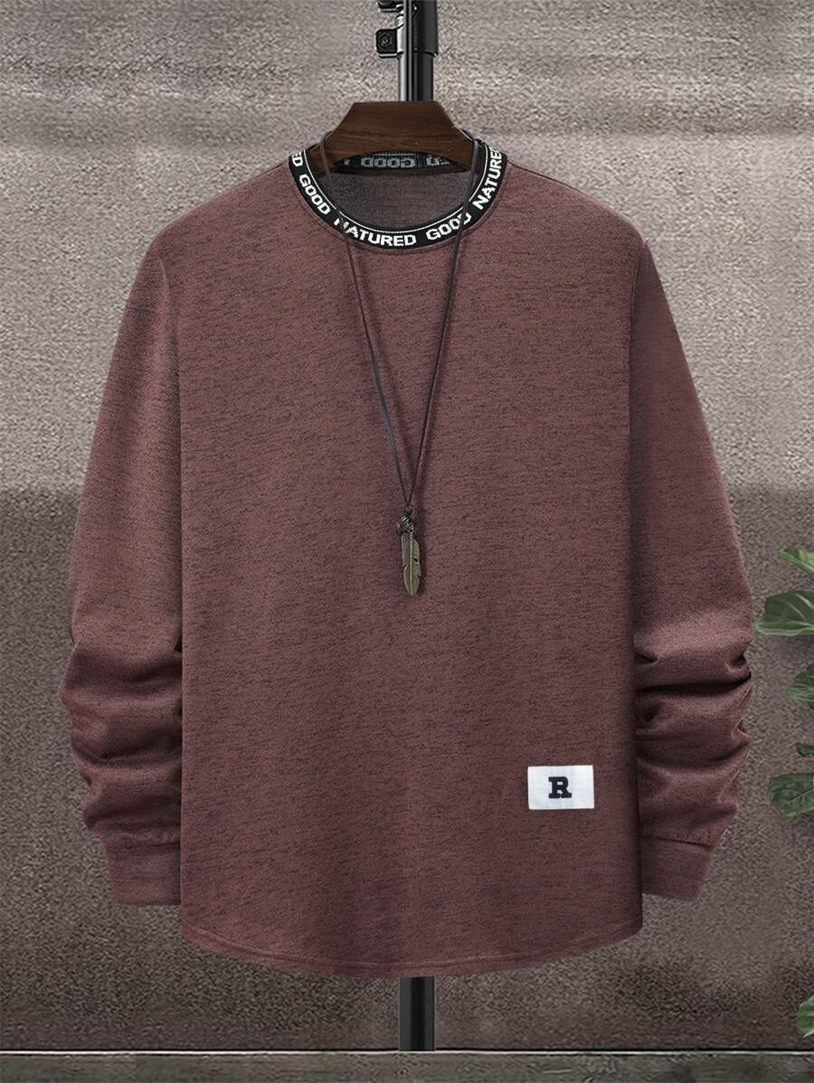 Manfinity Hombres Camiseta con parche de letra sin collar - Café integral - Ver 1