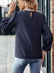 SHEIN Unity 鎖眼領拼接邊襯衫 - 藏蓝色 - 查看 2