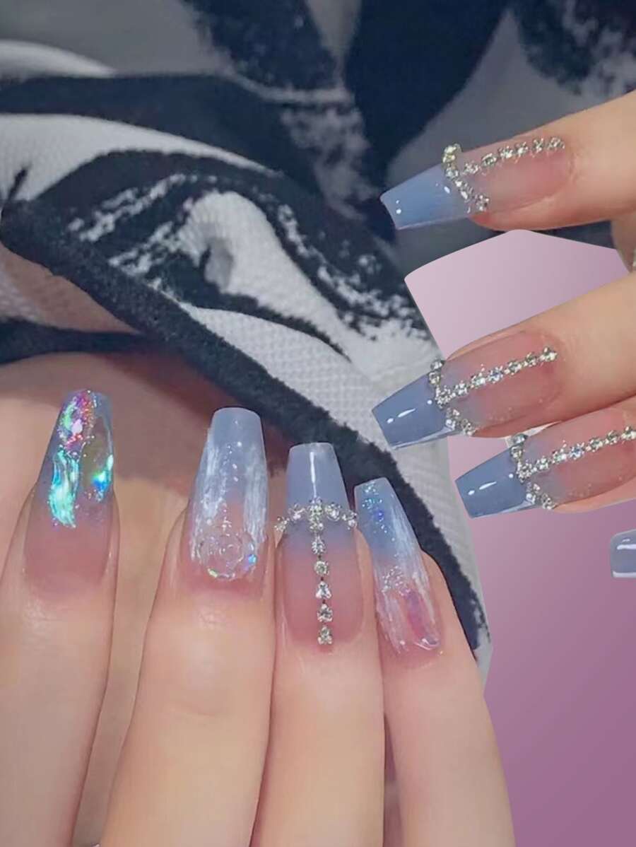 ROMWE Fairycore 24pcs Long Coffin Rhinestone Decor Fake Nail & 1sheet Tape - Multicolor - View 1