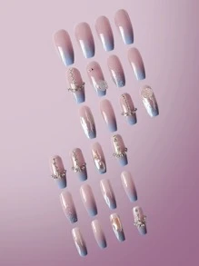 ROMWE Fairycore 24pcs Long Coffin Rhinestone Decor Fake Nail & 1sheet Tape - Multicolor - View 2