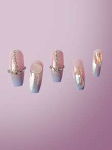 ROMWE Fairycore 24pcs Long Coffin Rhinestone Decor Fake Nail & 1sheet Tape - Multicolor - View 3