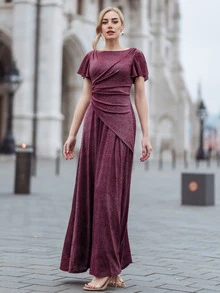 MIUSOL Butterfly Sleeve Ruched Glitter Prom Dress - Burgundy - View 4