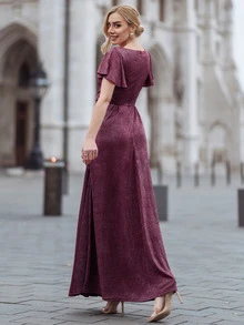 MIUSOL Butterfly Sleeve Ruched Glitter Prom Dress - Burgundy - View 3