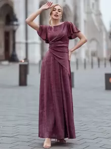 MIUSOL Butterfly Sleeve Ruched Glitter Prom Dress - Burgundy - View 2