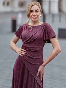 MIUSOL Butterfly Sleeve Ruched Glitter Prom Dress - Burgundy - View 6