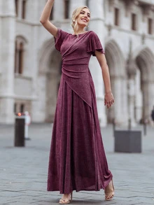 MIUSOL Butterfly Sleeve Ruched Glitter Prom Dress - Burgundy - View 5
