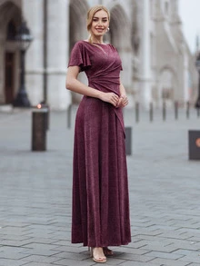 MIUSOL Butterfly Sleeve Ruched Glitter Prom Dress - Burgundy - View 9