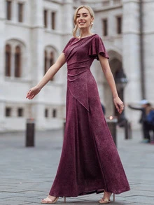MIUSOL Butterfly Sleeve Ruched Glitter Prom Dress - Burgundy - View 7