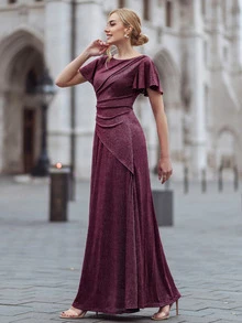 MIUSOL Butterfly Sleeve Ruched Glitter Prom Dress - Burgundy - View 8