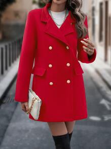 SHEIN Privé Lapel Collar Double Breasted Coat - Red - View 4