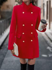 SHEIN Privé Lapel Collar Double Breasted Coat - Red - View 5