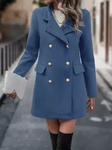 SHEIN Privé Double Breasted Lapel Collar Coat - Blue - View 1