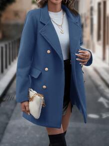 SHEIN Privé Double Breasted Lapel Collar Coat - Blue - View 3