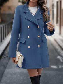 SHEIN Privé Double Breasted Lapel Collar Coat - Blue - View 4