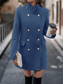 SHEIN Privé Double Breasted Lapel Collar Coat - Blue - View 5