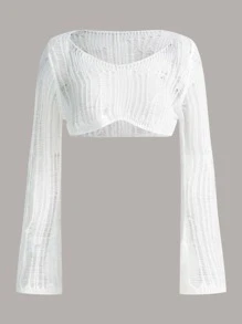 SHEIN ICON Trumpet Sleeve Ripped Crop Jumper - White - View 1