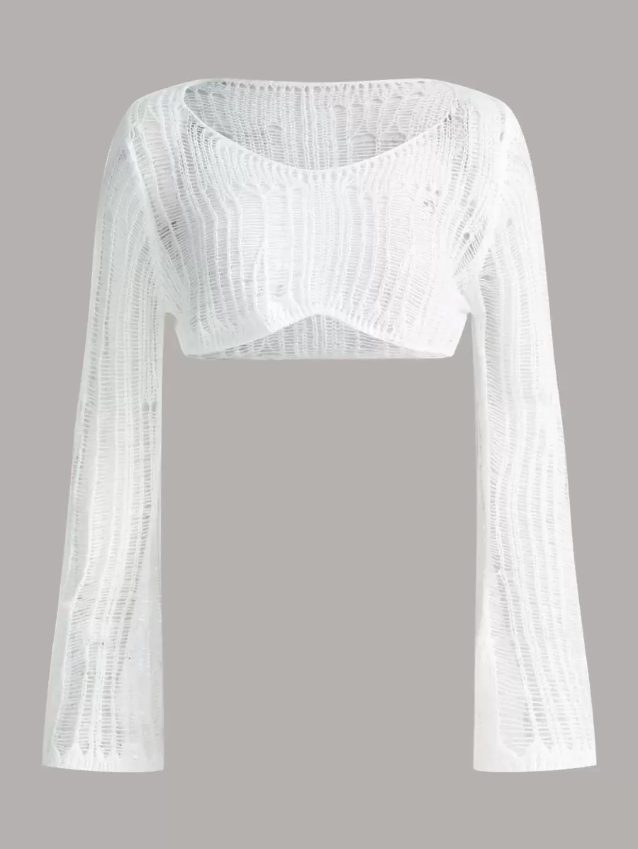 SHEIN ICON Trumpet Sleeve Ripped Crop Jumper - White - View 1