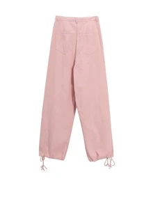 Solid Flap Pocket Drawstring Detail Cargo Pants - Pink - View 3
