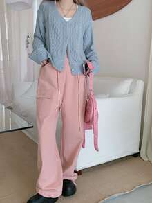 Solid Flap Pocket Drawstring Detail Cargo Pants - Pink - View 4