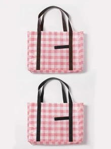 1pc Gingham Pattern Lunch Bag - Pink - View 3
