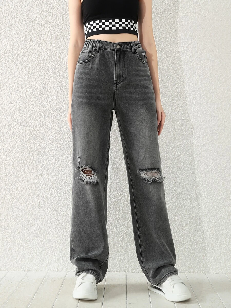 Teen Girls Ripped Straight Leg Jeans - Dark Grey - View 1