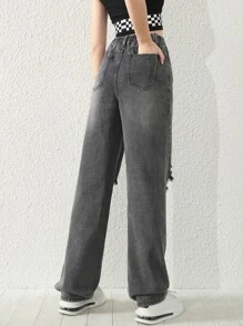 Teen Girls Ripped Straight Leg Jeans - Dark Grey - View 2