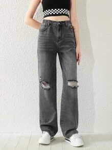 Teen Girls Ripped Straight Leg Jeans - Dark Grey - View 3