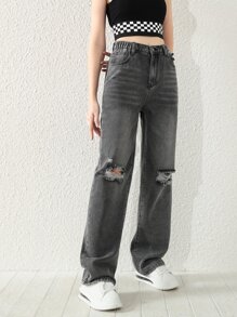 Teen Girls Ripped Straight Leg Jeans - Dark Grey - View 5