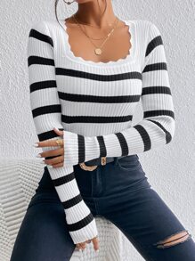 SHEIN Frenchy Striped Pattern Scallop Trim Sweater In Fall/Winter Casual - Black and White - View 5