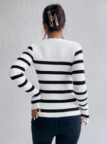 SHEIN Frenchy Striped Pattern Scallop Trim Sweater In Fall/Winter Casual - Black and White - View 2