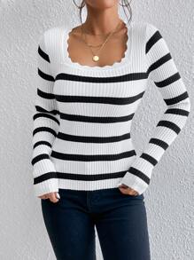 SHEIN Frenchy Striped Pattern Scallop Trim Sweater In Fall/Winter Casual - Black and White - View 3