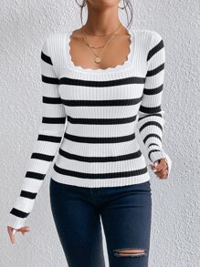 SHEIN Frenchy Striped Pattern Scallop Trim Sweater In Fall/Winter Casual - Black and White - View 6