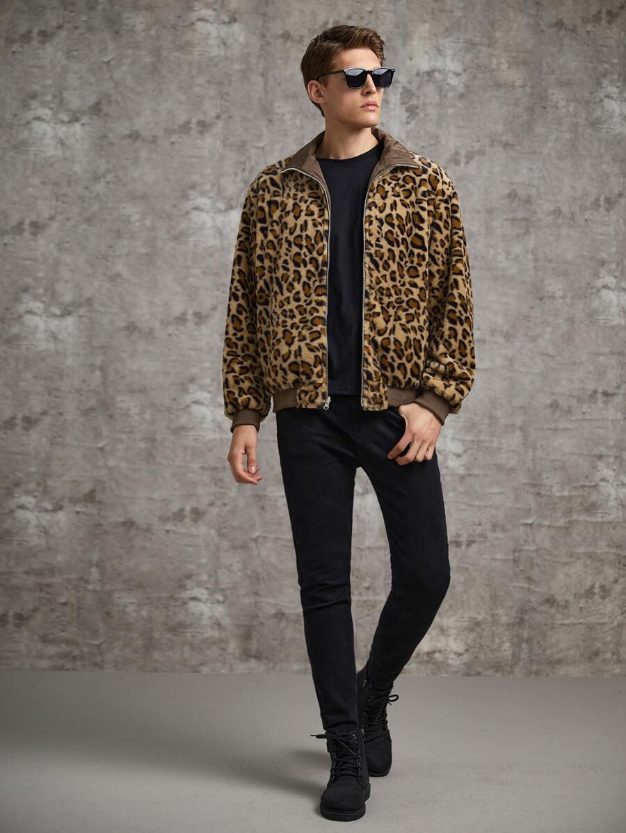 Manfinity Hombres Chaqueta reversible con patrón de leopardo - Marrón - Ver 1