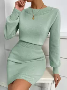 SHEIN Privé Vestido de punto unicolor de cuello redondo - verde menta - Ver 1
