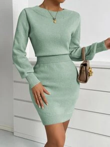 SHEIN Privé Vestido de punto unicolor de cuello redondo - verde menta - Ver 5