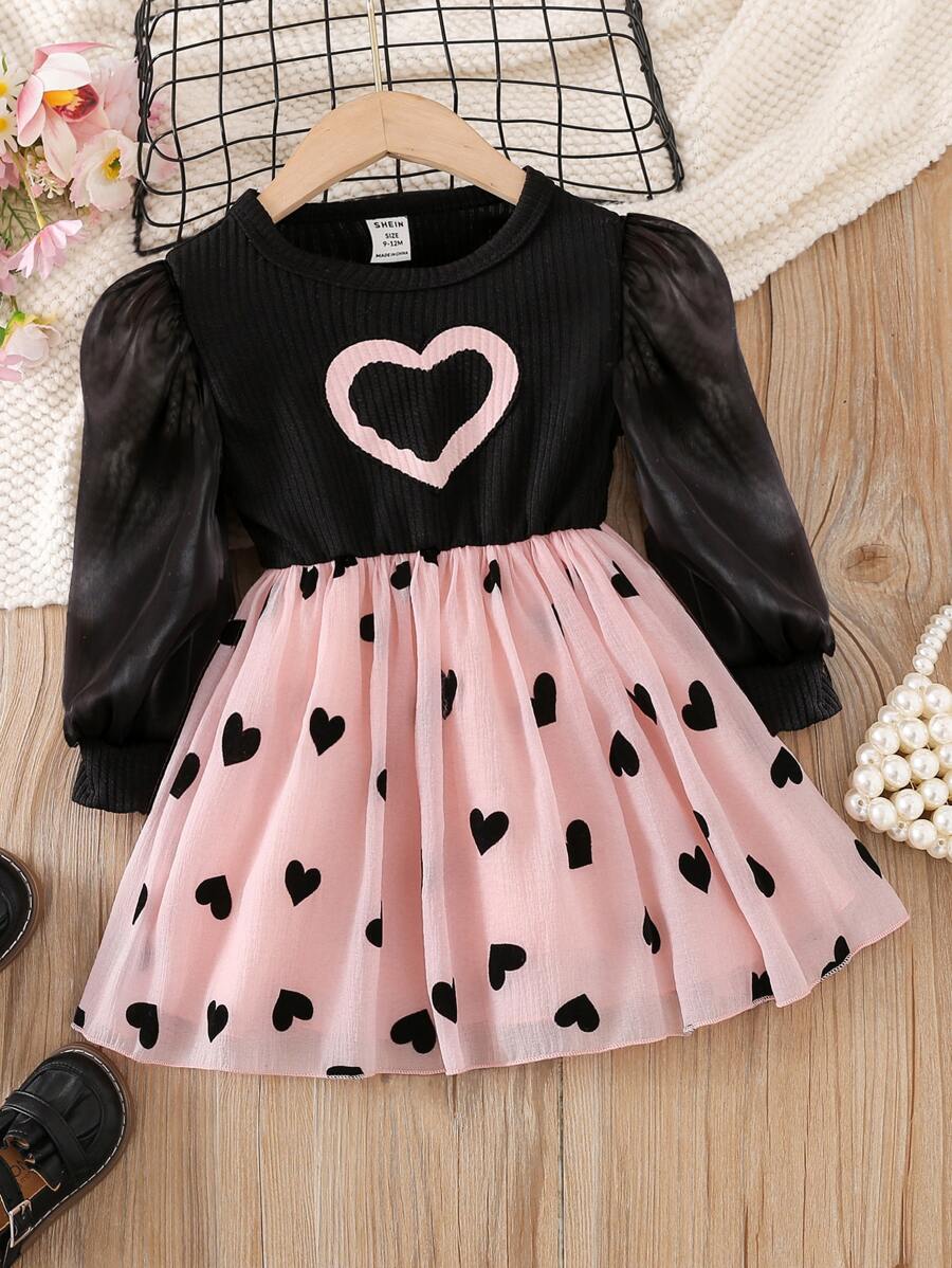 Baby Heart Print Contrast Mesh Puff Sleeve Party Dress - Multicolor - View 1