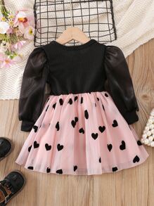 Baby Heart Print Contrast Mesh Puff Sleeve Party Dress - Multicolor - View 2