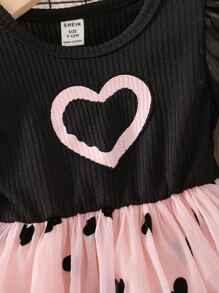 Baby Heart Print Contrast Mesh Puff Sleeve Party Dress - Multicolor - View 5