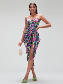 SHEIN BAE Floral Print Crisscross Backless Ruched Split Thigh Cami Dress - Multicolor - View 1