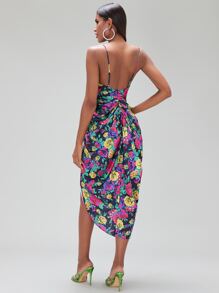 SHEIN BAE Floral Print Crisscross Backless Ruched Split Thigh Cami Dress - Multicolor - View 2