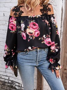 SHEIN Clasi Floral Print Cold Shoulder Flounce Sleeve Blouse - Black - View 1