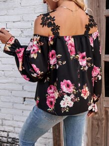 SHEIN Clasi Floral Print Cold Shoulder Flounce Sleeve Blouse - Black - View 2